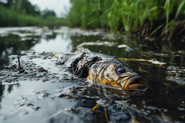 Fototapeta premium Contaminated water surface showing the devastating effects of oil and chemical toxins on marine life.