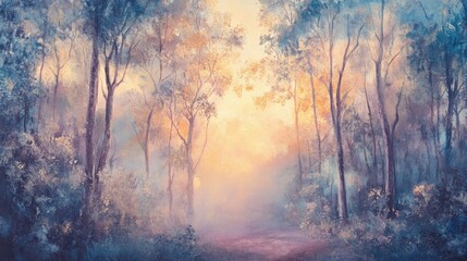 Obraz premium Ethereal Forest Landscape with Soft Light and Dreamy Colors at Dawn in a Serene Natural Environment