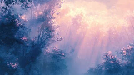 Fototapeta premium Ethereal Forest Landscape with Soft Light and Misty Atmosphere During Dawn in Nature