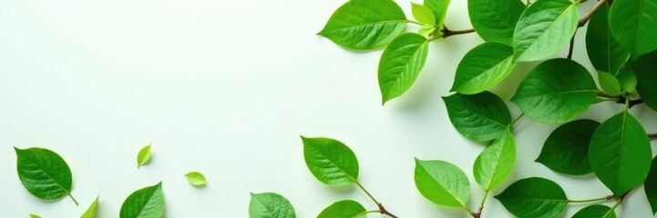 Fototapeta premium Lush green leaves scattered on a white surface, botanical, garden, green