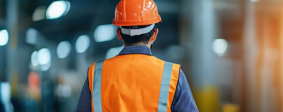 maintenance technical safety optimization concept. A construction worker in an orange safety vest and helmet stands in a well-lit industrial environment, focused on the tasks ahead.