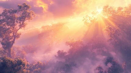 Fototapeta premium Serene Sunrise Over Misty Forest with Soft Light and Colorful Clouds Illuminating Nature's Beauty