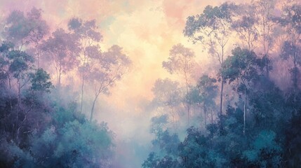 Fototapeta premium Serene Nature Landscape with Soft Mist and Lush Trees in Pastel Hues at Dawn or Dusk