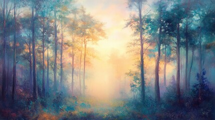 Serene Misty Forest Landscape at Dawn with Soft Light Filtering Through Trees