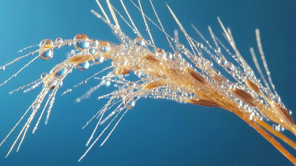 Macro Photography of Dandelion Seed with Water Droplets Dandelion with seeds blowing away in the wind across a clear blue sky with copy space