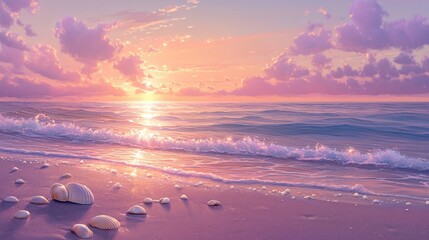Obraz premium Serene Sunset Over Gentle Waves with Seashells on a Tranquil Beach Shoreline