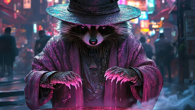 Mysterious creature stirring neon potion in vibrant cyberpunk cityscape