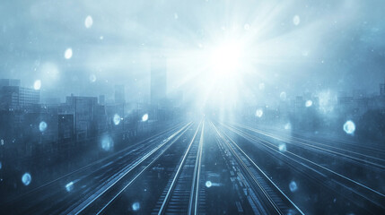 A dynamic night cityscape with light trails of traffic, showcasing urban speed, Double exposure of fast highway with a skyline of buildings and a clear morning sky
