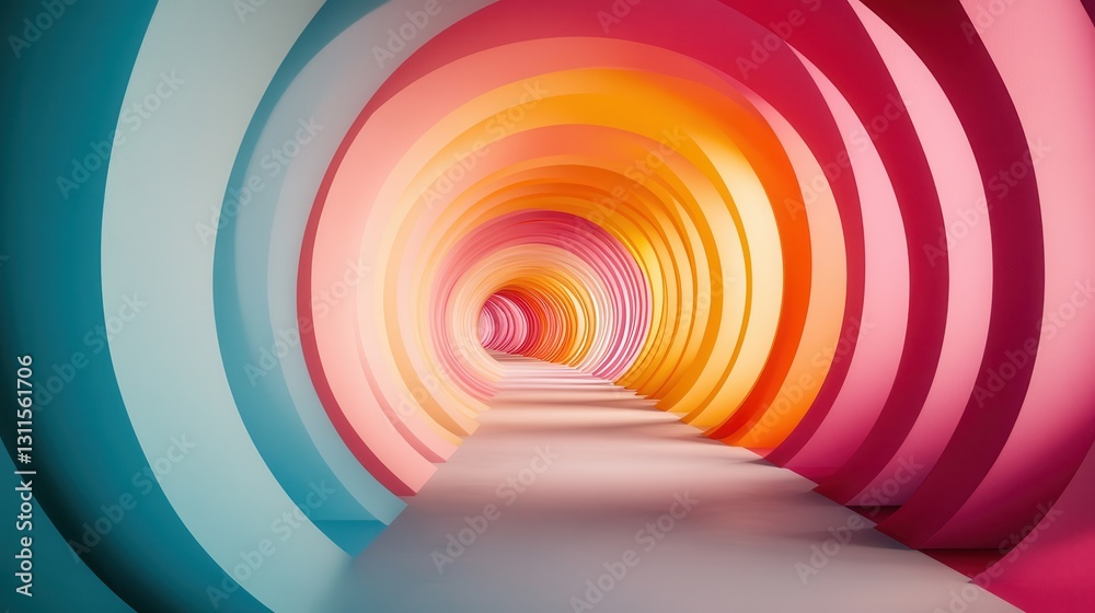 Poster colorful spiral tunnel with vibrant hues leading towards a bright end in an abstract artistic compos