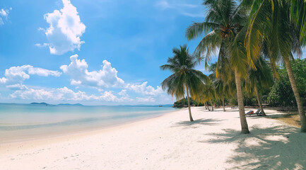 Obraz premium Tropical Beach Paradise with Turquoise Waters & Swaying Palm Trees – Serene Coastal Landscape with Blue Sky, White Clouds & Soft Beige Sand – Relaxing Vacation Destination & Nature Escape