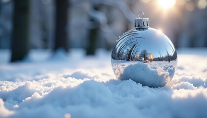 Shimmering silver sphere reflected in snow-covered ground, silver christmas ball, icy