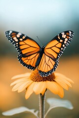 Fototapeta premium Monarch butterfly resting gracefully on a vibrant yellow flower during a sunny afternoon in a blooming garden