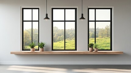 Obraz premium Modern room with large windows overlooking a landscape. Use Interior design, home decor