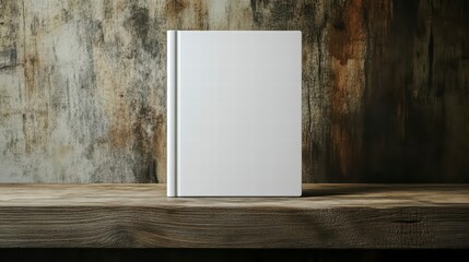 Blank Book Cover Mockup: A white book cover mock-up, ready to be personalized with your own design, sits on a rustic wooden shelf, with the natural wood grain providing a warm and inviting background.