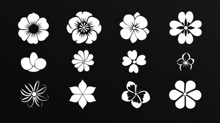 White flower icons on black background; design elements