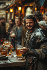 Knights enjoy ale and camaraderie in a lively tavern setting