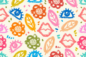 Creative Seamless Pattern with Trendy Bold Lips, Flowers, Leaves, Eyes Isolated on Simple White Background. Colorful decorative and minimal hand drawn design perfect for print, fashion, wrapping paper
