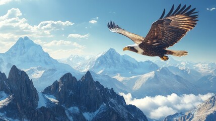 Majestic Eagle Soaring Over Stunning Snow-Capped Mountain Range Under Clear Blue Sky
