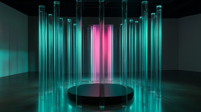 Minimalist light installation featuring vibrant teal glass rods and pink panels. AI generated - Powered by Adobe