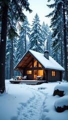 Snowflakes gently falling on a forest floor near a modern cabin, snowfall, forest, floor