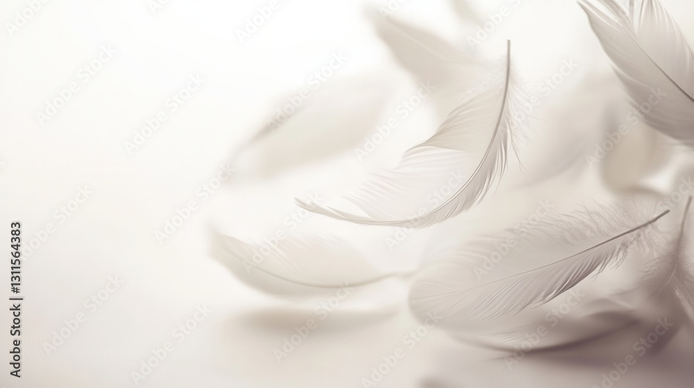 Leinwandbilder Floating feathers create a dreamlike atmosphere against a soft white background in a high key composition