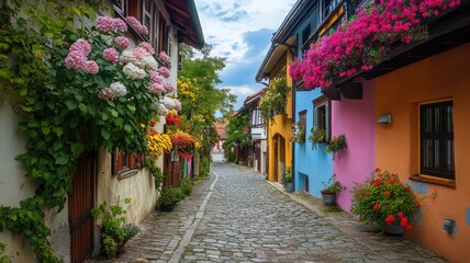 Obraz premium Charming small town street lined with vintage houses and vibrant colors, inviting a sense of peace and nostalgia.