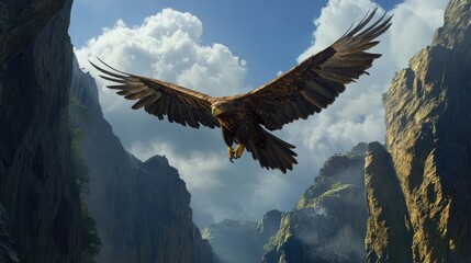 Fototapeta premium Majestic Eagle Soaring Above Dramatic Mountain Landscape with Clouds and Rocky Terrain