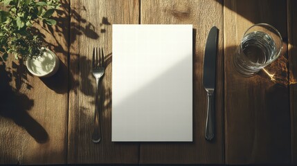 Table Setting with Menu: A captivating overhead shot features a blank menu card centered amidst a rustic wooden table setting, complete with silverware, a glass of water, and verdant greenery.
