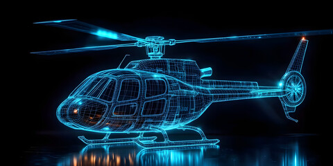 3D holographic representation of a helicopter with glowing blue wireframe design