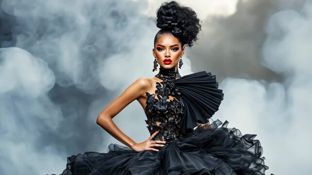 A glamorous woman in an elegant black couture dress with dramatic details, bold makeup, and smoky background. High-fashion and editorial style. 4K video