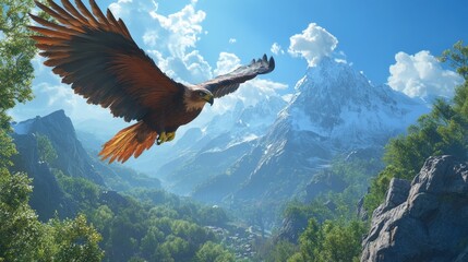 Obraz premium Majestic Eagle In Flight Over Lush Valley and Snow-Capped Mountains Under Clear Blue Sky