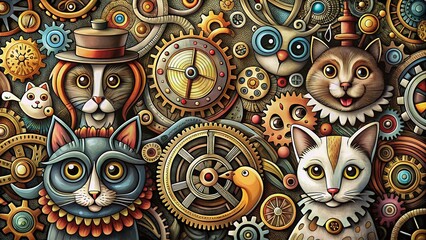 Steampunk Animal Illustrations Doodle Background - Whimsical Pet Portraits