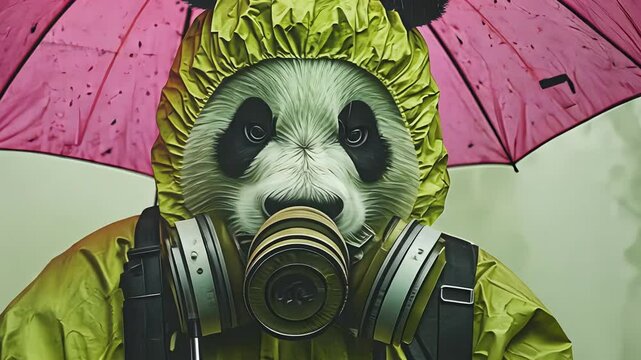 Exploration in a misty realm with panda mask and colorful umbrella