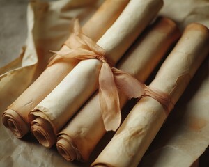 Ancient Knowledge Unraveled: A Bundle of Rolled Parchment Scrolls
