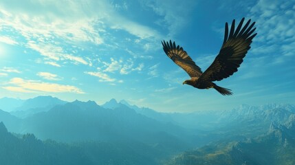 Obraz premium Majestic eagle soaring over majestic mountains and serene landscape under a vibrant blue sky at sunset.