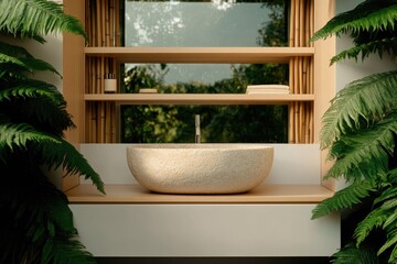 Minimalist bathroom design featuring natural materials and lush