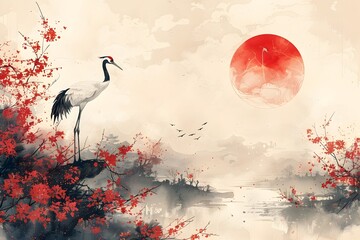Elegant Japanese Crane Landscape with Vibrant Watercolor Waves and Minimalist Sun