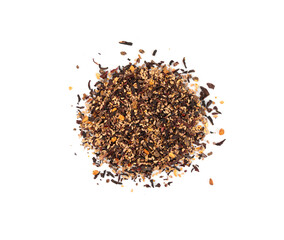 Dry black tea with hibiscus, fruits isolated. Raspberry seeds red tea, karkade flower leaves