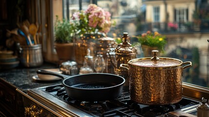 Parisian Kitchen Stovetop Cooking with Copper Pot & Pan, City View