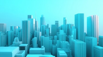 A stylized cityscape with modern skyscrapers in a cool blue hue.