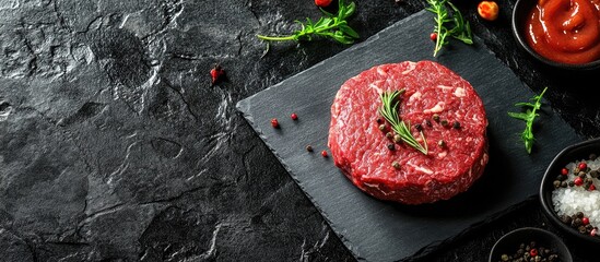 Raw organic minced beef burger patty on black slate board with green rosemary sprig surrounded by spices and sauces top view with copyspace