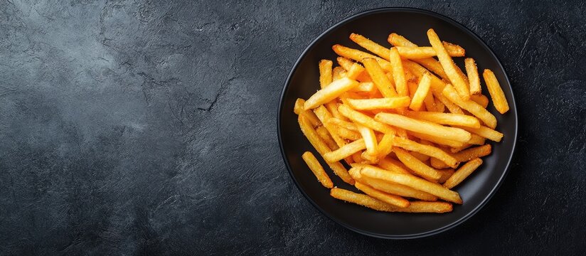 Crispy homemade French fries in a black round bowl on a dark textured surface, top view showcasing golden color and ample copy space on the side