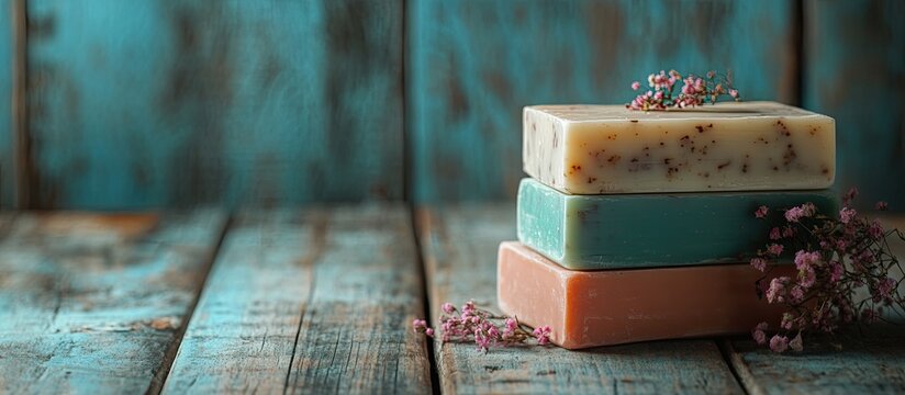 Homemade soap bars stacked against a rustic wooden backdrop featuring turquoise and muted blue colors with delicate pink flowers accentuating the scene