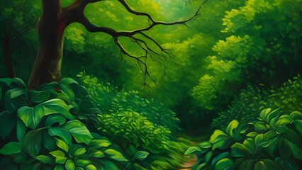 Lush Greenery: A vibrant painting of a forest with dense, verdant foliage, a pathway leading into the depths, and sunlight casting an ethereal glow.