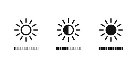 Brightness level icon. Contrast brightness adjustment icon collection. Brightness control icons set.