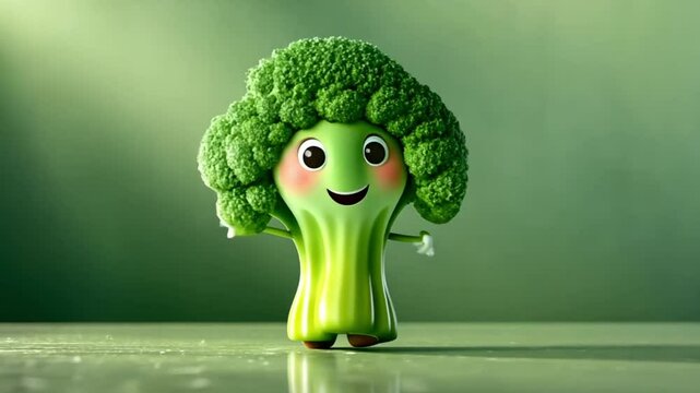 Cute broccoli character dancing on green surface