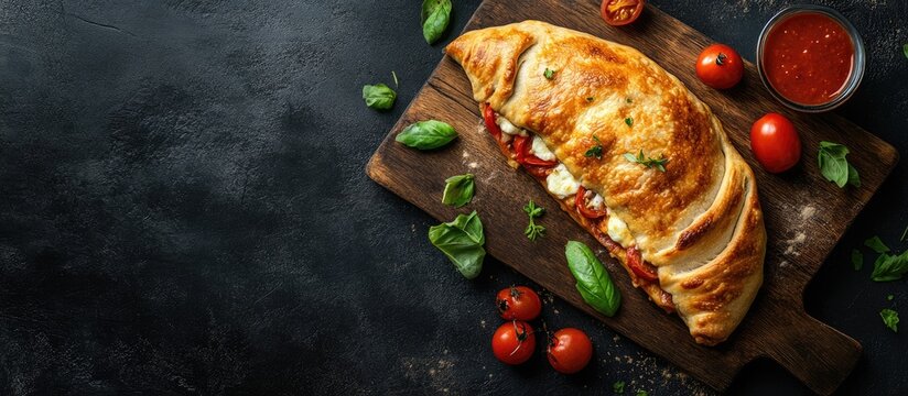 Golden-brown Italian panzerotti calzone filled with tomato and mozzarella on a dark wooden board with fresh basil and cherry tomatoes top view
