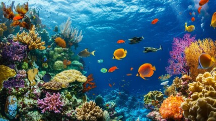 Obraz premium In a vibrant underwater world, a brilliant and rich society of aquatic life thrives in harmony among the colorful reefs.