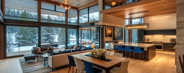 Fototapeta premium Modern open-plan living area with large windows showcasing a snowy landscape.