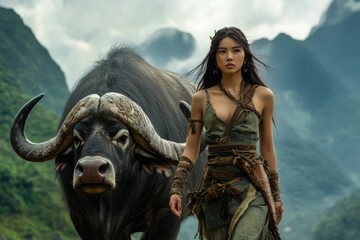 Obraz premium Guardian and Beast: A resolute young woman strides confidently alongside a powerful water buffalo amidst a rugged mountain landscape, capturing a sense of primal bond and untamed beauty.